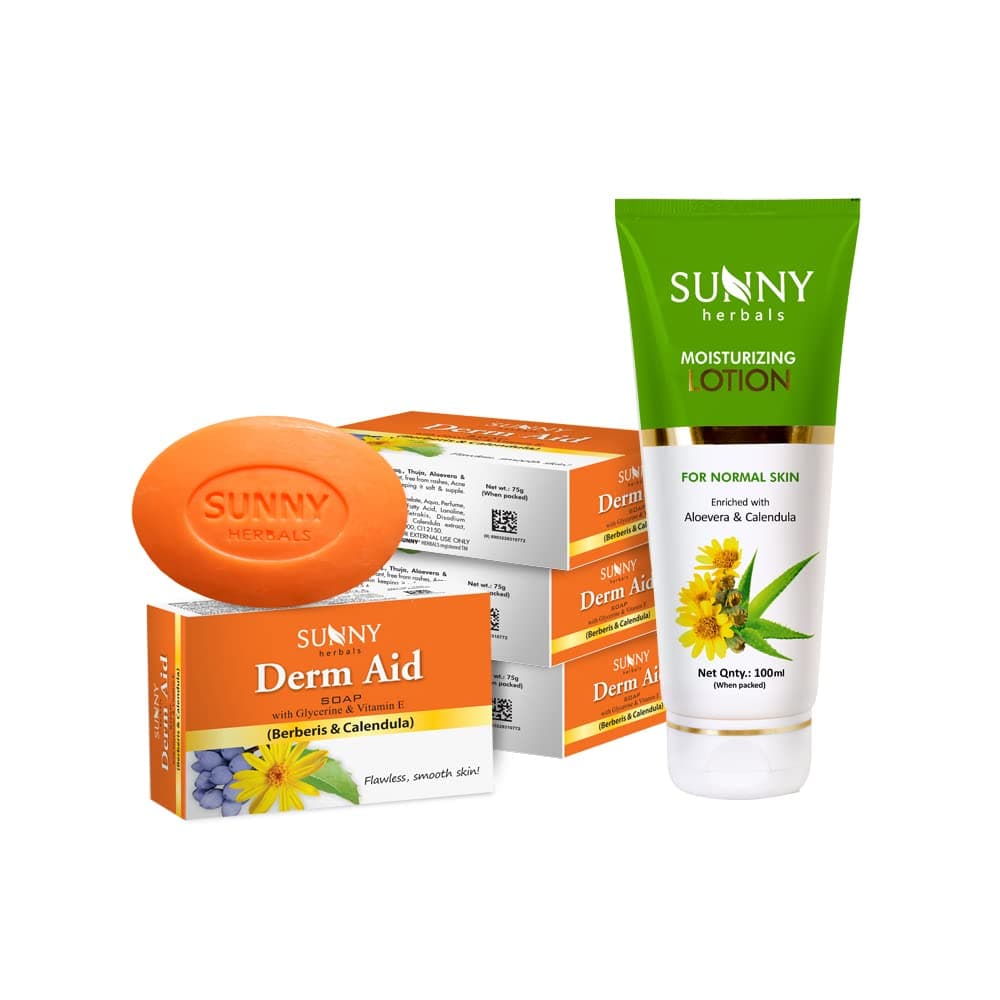 Sunny Aloevera & Calendula Lotion(100ml) & Derm Aid Soap(4*75gm) | Makes Skin Velvety and Radiant Soft | Fight Against Pigmentation | For Rashes and Infection Free Skin