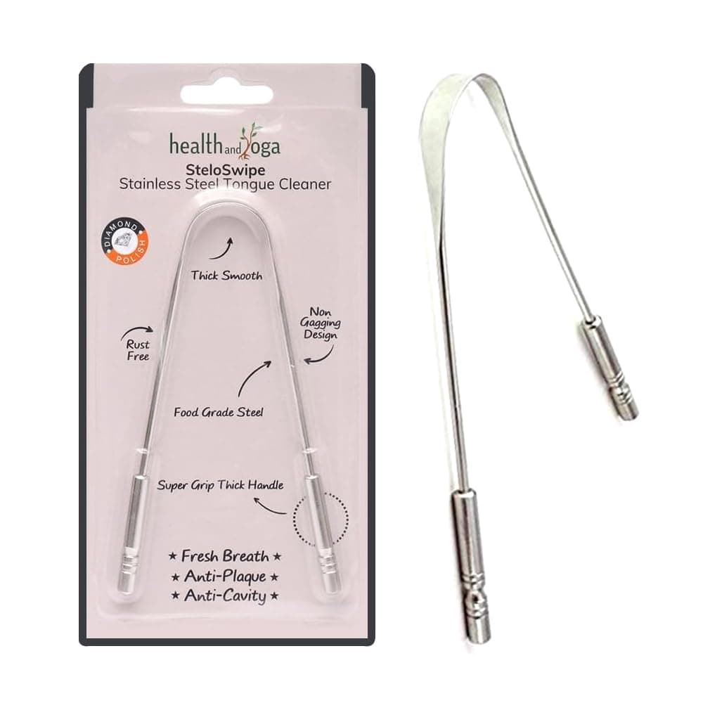 HealthAndYoga® SteloSwipe Stainless Steel Tongue Cleaner (Pack of 1)- Premium Design, Surgical Grade Scraper, Sterlisable- For Oral Care, Prevents Bad breath & Cavities- Women & Men- Travel/Home Use