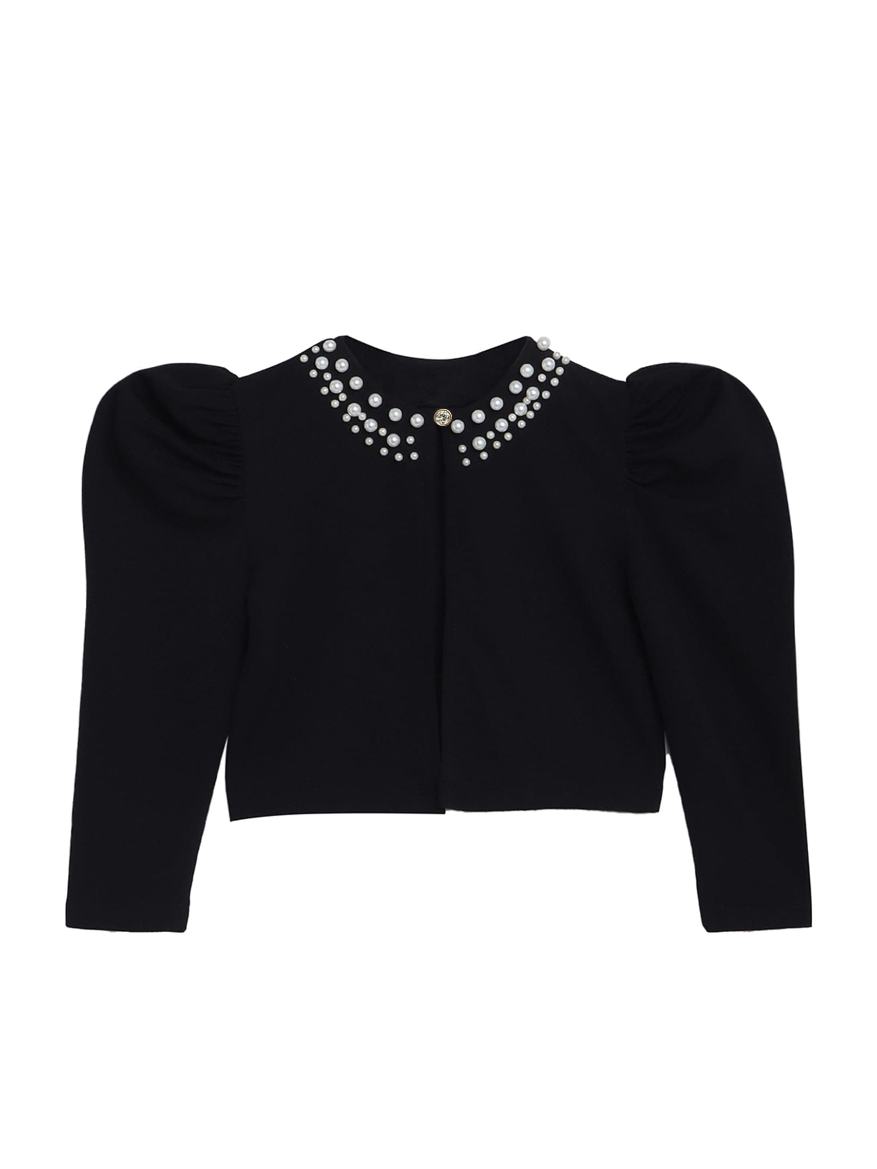 BRIGHT STARS KIDSWEAR Stylish Shrug for Kids Girls, Pearl Embellished Long Sleeve Ruched Design, Party, Wedding, Ethnic Crop Length Jacket, Black, 5-6 Year