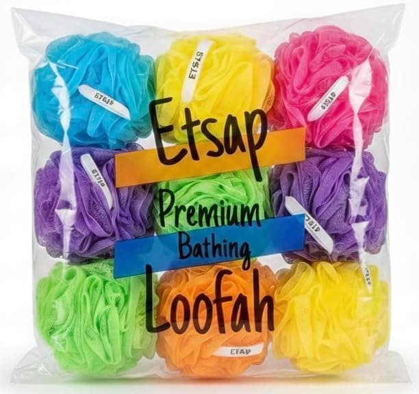 Etsap Pack Of 09 Premium Bathing Round Loofah – Multicolor Shower Puffs for Gentle Exfoliation, Soft, Refreshing & Perfect for Men & Women