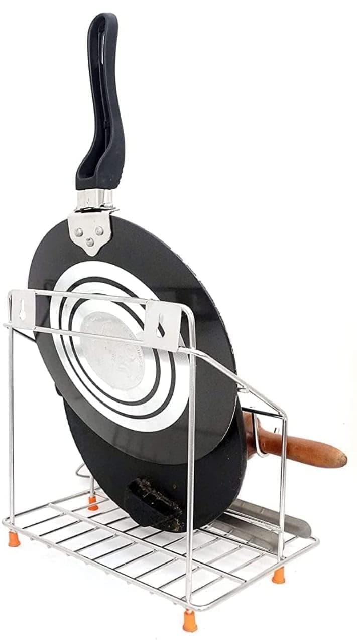 AB99 COLLECTION Stainless Steel Chakla Belan and Tawa Stand for Kitchen, 4 in 1 Chakla Belan Stand with Chimta and Rolling Pin Board Holder