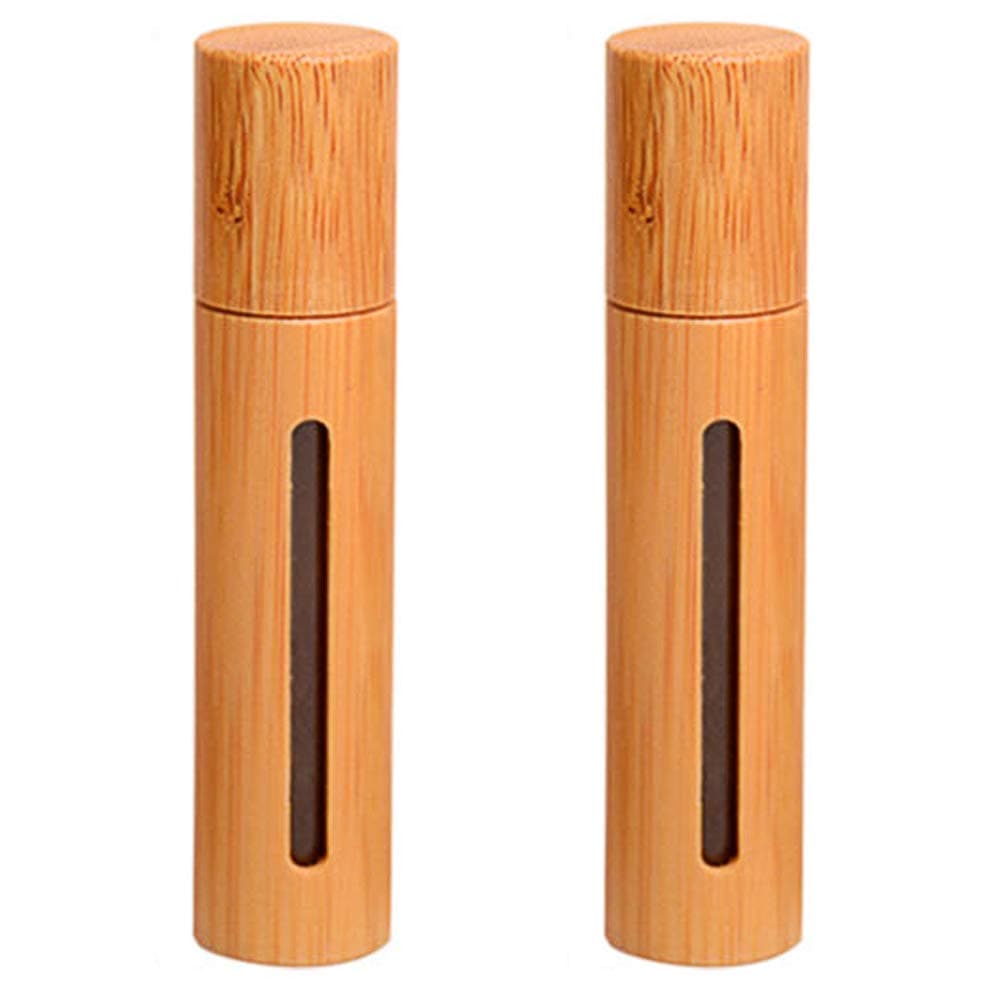 2 Pcs 10ml Bamboo Roller Bottles Empty Refillable Essential Oil Roll-on Bottle Cosmetic Storage Vial Container with Stainless Steel Roller Ball and Window for Essential Oil