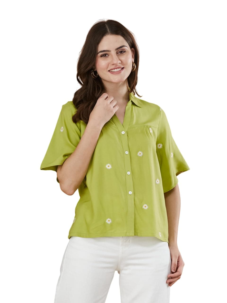 J TURRITOPSIS Women's Pista Green Rayon Floral Embroidered Shirt (336-07-L)