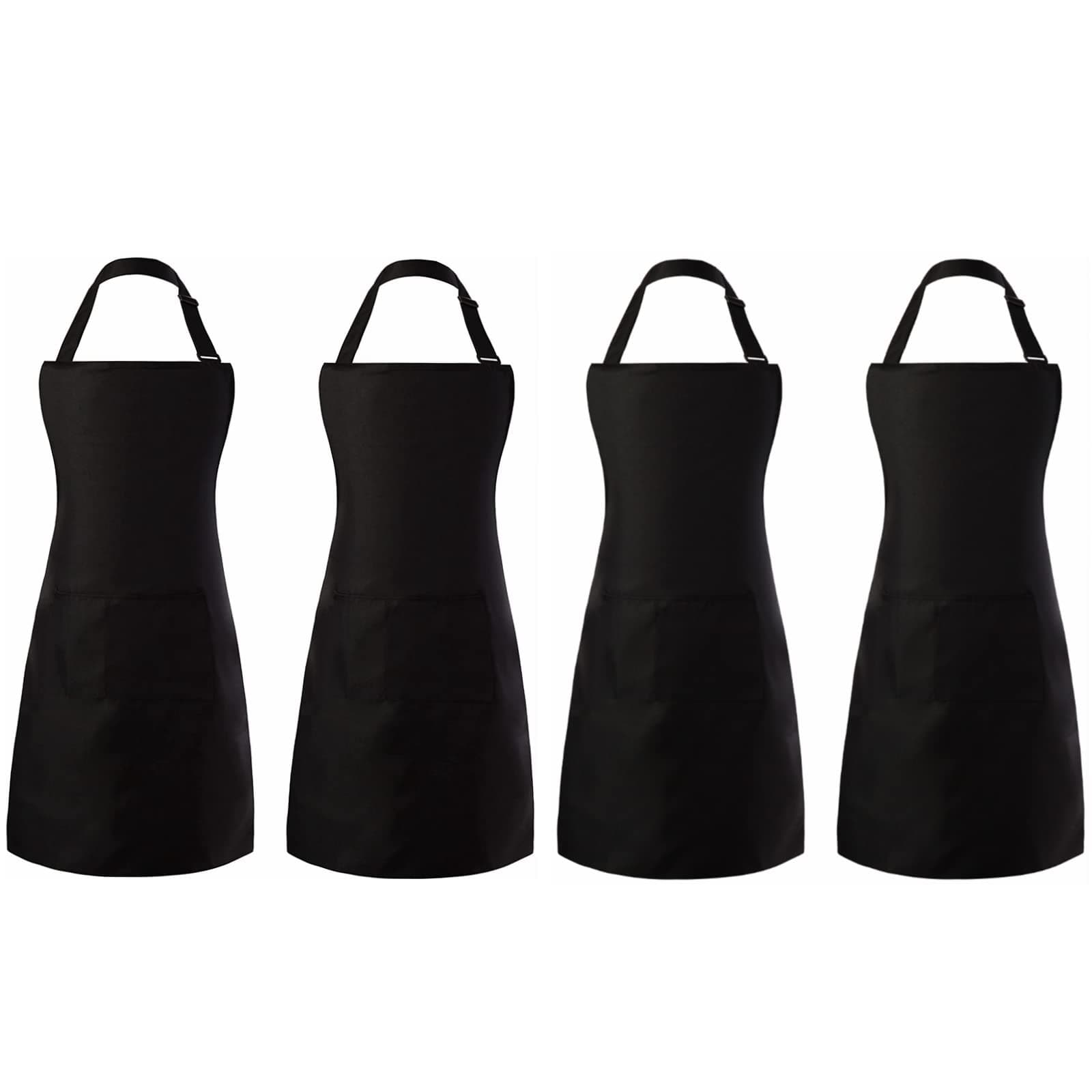 Tosewever 4 Pack Adjustable Bib Apron Waterdrop Resistant Apron with Pocket, Cooking Kitchen Restaurant Aprons for Women Men Chef, BBQ Drawing Crafting Outdoors (Polyester-Black, 4)