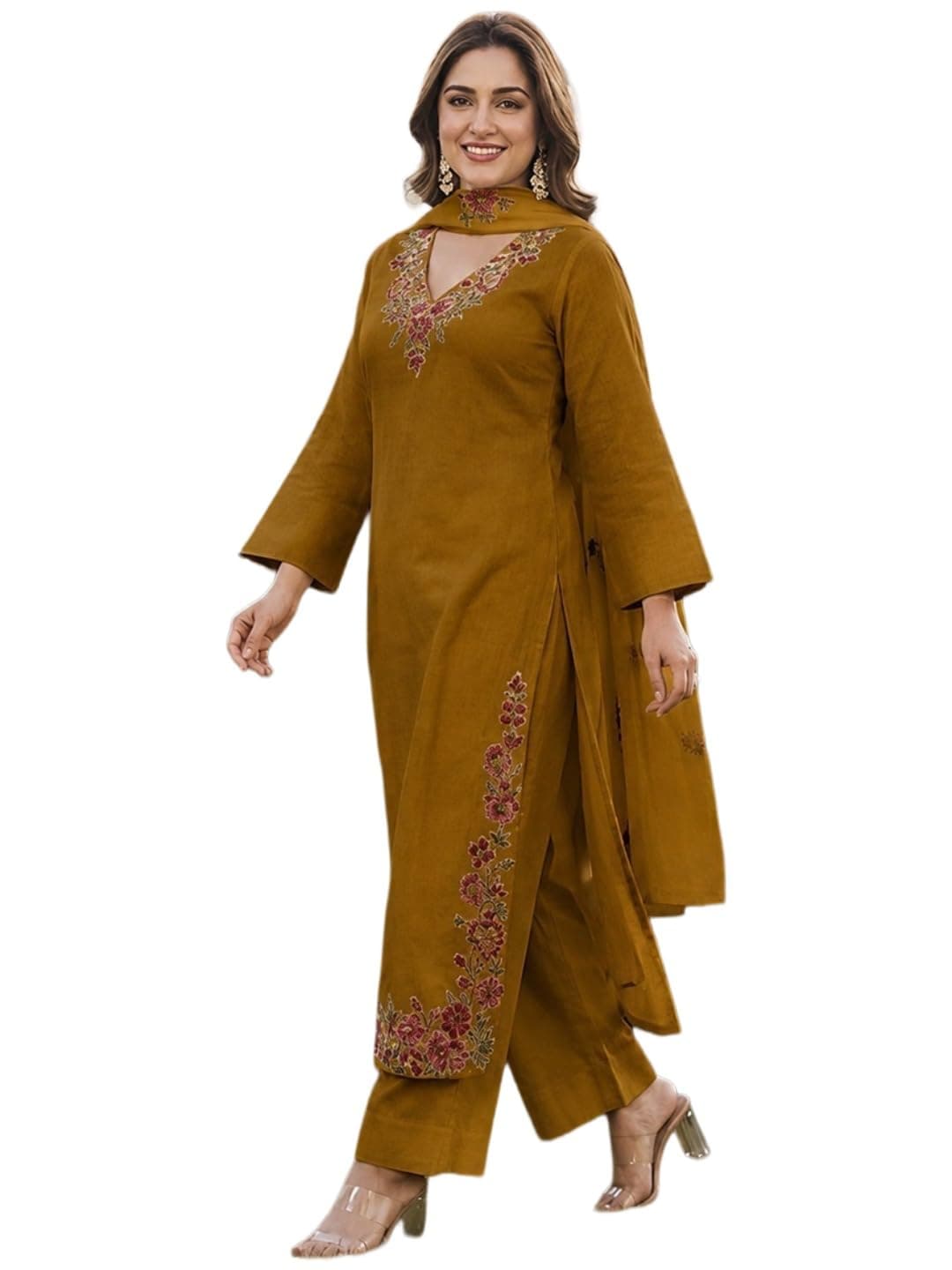 ANNI DESIGNER Women's Viscose Blend Straight Embroidered Kurta with Palazzo and Dupatta (MUKTA Mustard_S_Mustard_Small)