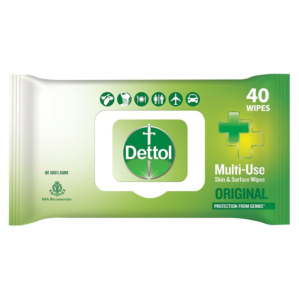 Dettol Germ Protection Wet Wipes for Skin & Surfaces, Original - 40 Count|| Moisture-Lock Lid