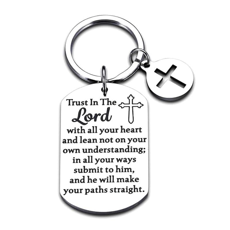 M Men Style Religious Cross Trust in the Lord Silver Stainless Steel Keychain for Men and Women KeyS9