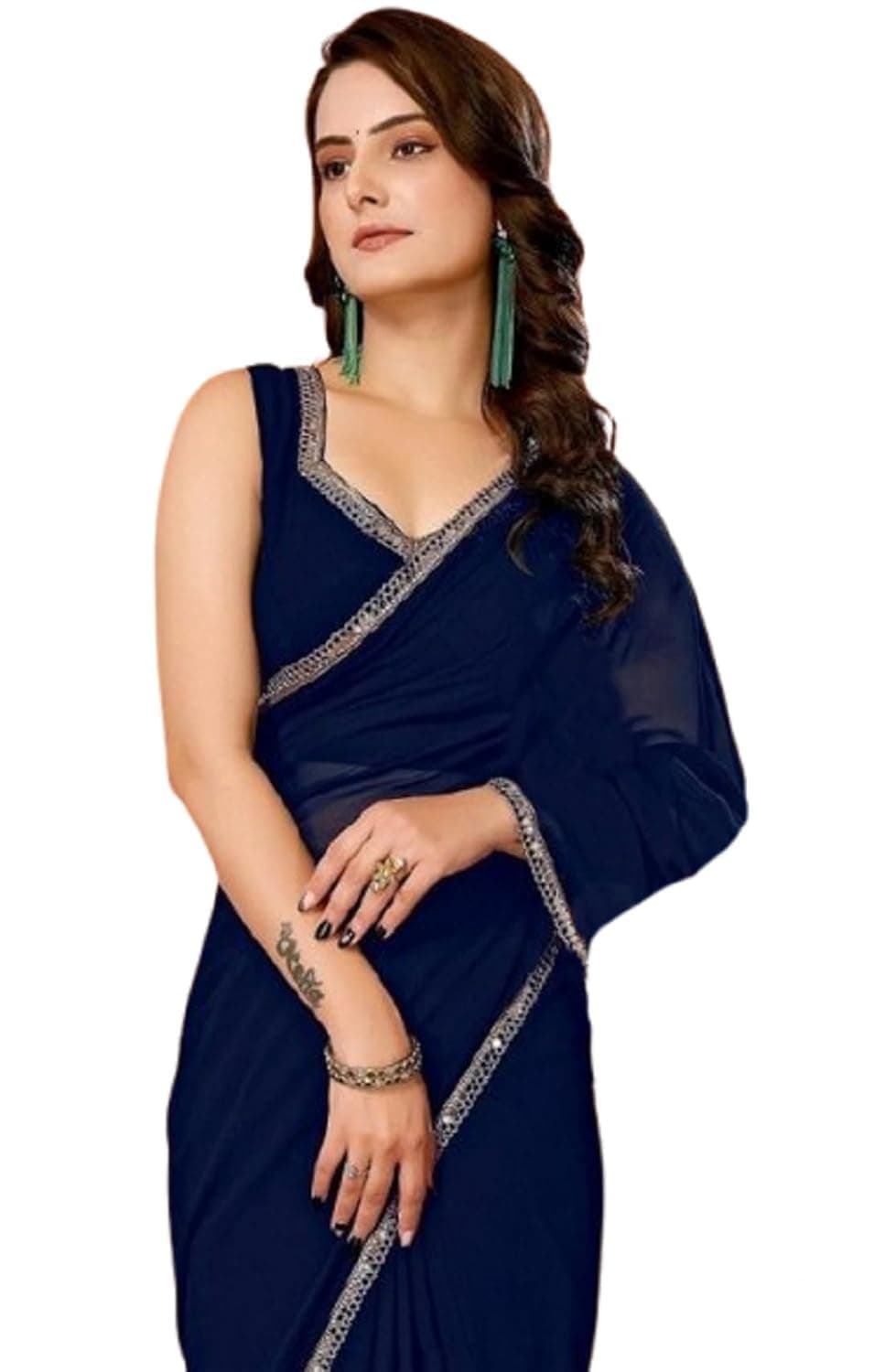 SHOPAZ Women Ready to Wear Navy Blue Georgette Stitched Readymade Mirror Lace Saree With Unstiched Blouse