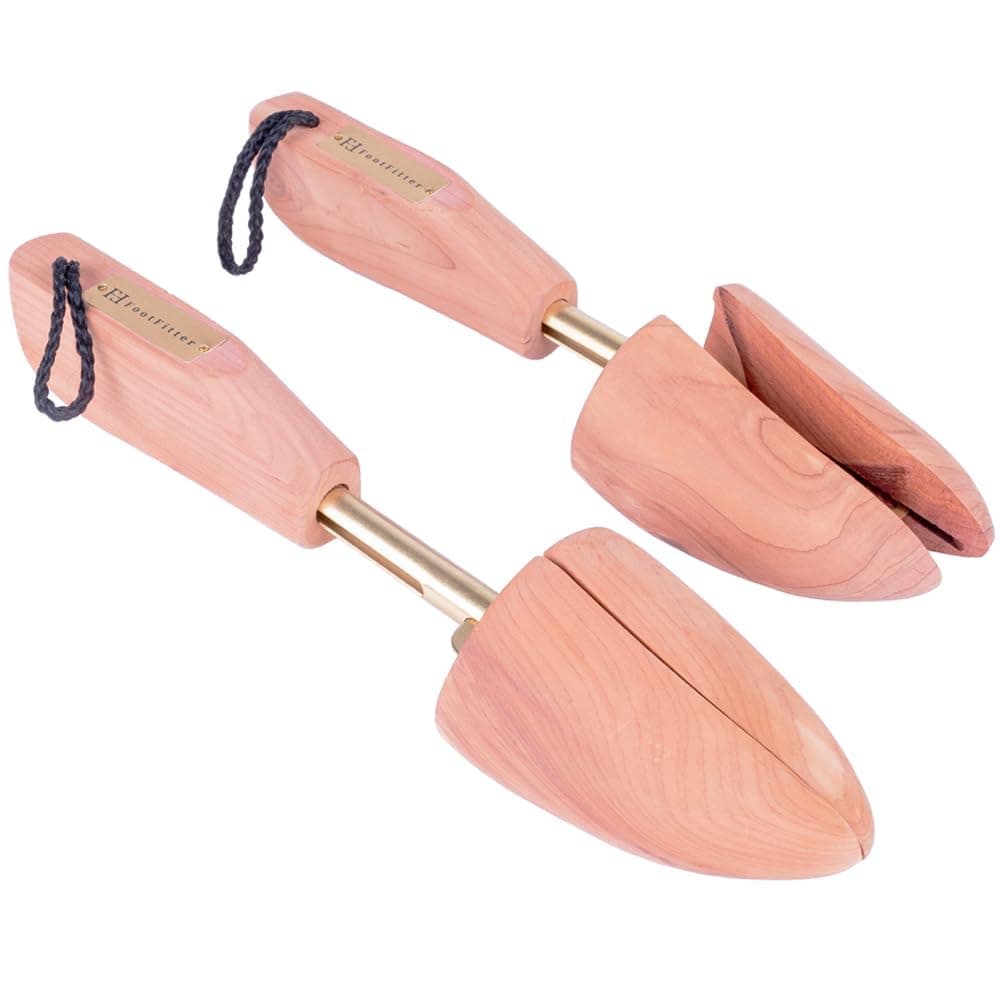 FootFitter Men’s Cedar Shoe Trees, Compact Adjustable Split Toe, Brown, Large 9 - 10