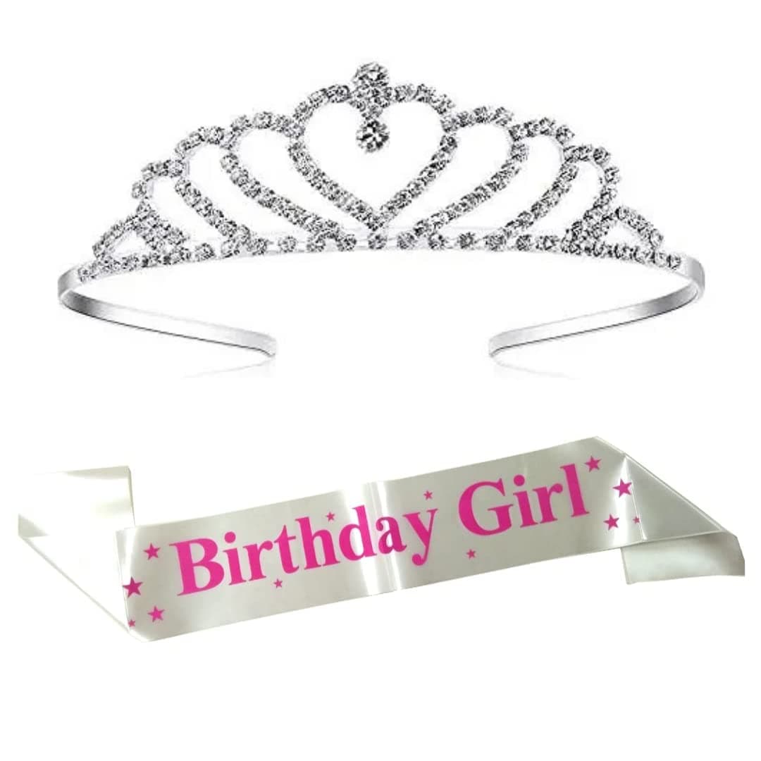 Curated Cart Birthday Sash and Heart Tiara Set - White Birthday Girl Satin Sash with Pink Text and Silver-Plated Rhinestone Heart Crown Tiara for Parties, Pageants, and Special Events