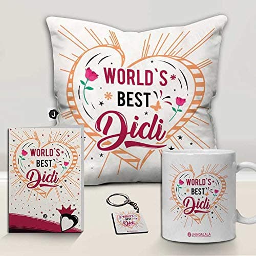 Jhingalala World's Best Didi Printed Satin Cushion with Filler, Coffee Mug, Key Chain, Greeting Card Combo for Sister, Didi on Birthday, Raksha Bandhan (White) - 5 Pieces Set