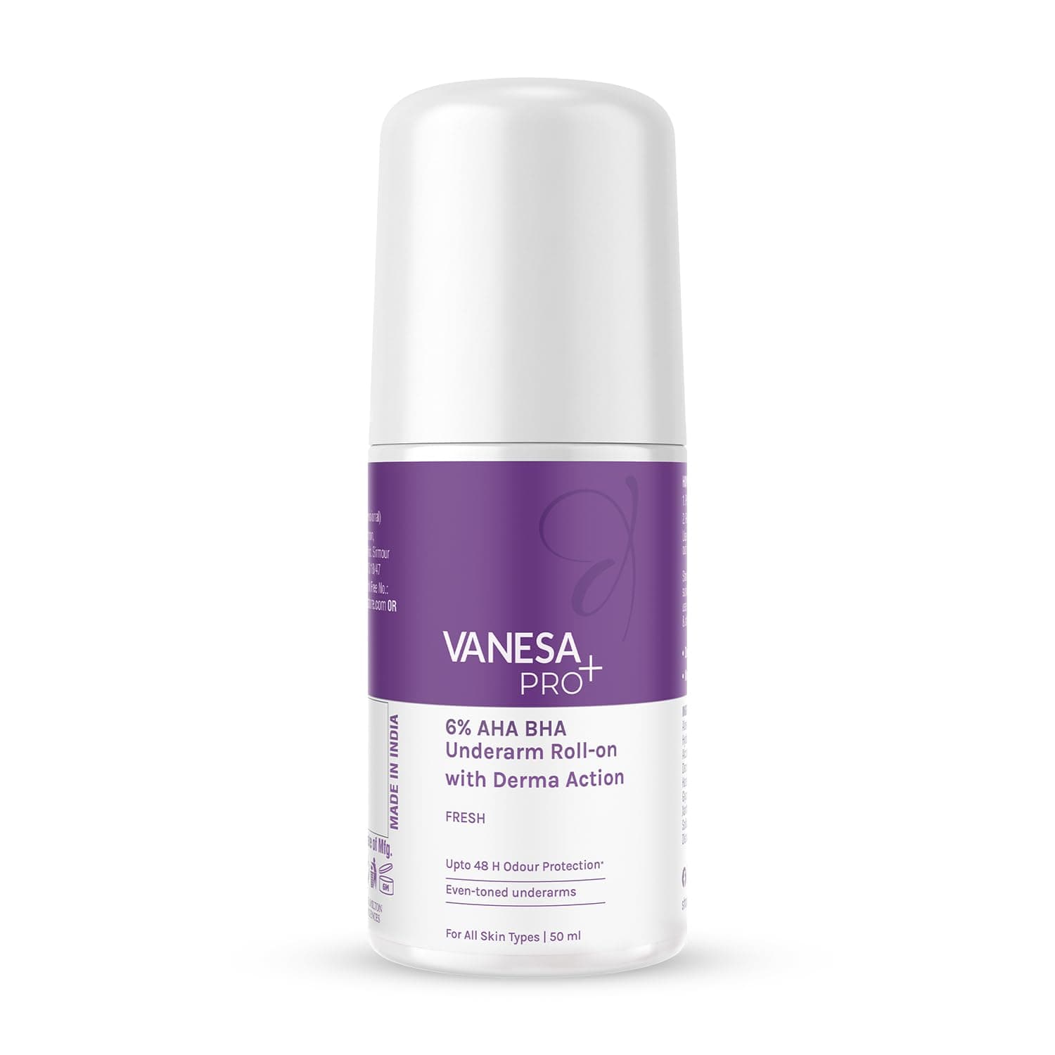 Vanesa Pro+ 6% AHA BHA Underarm Roll-on Deodorant |Derma Action formula for Up-to 48 hrs freshness, Even Tone Skin, Reduces Body Odor & Dark Pigmentation | 1% Mandelic, 4% Lactic, 1% Salicylic, Kojic Acid, Niacinamide | Alcohol & Aluminium Free |Fresh Fragrance, 50ml