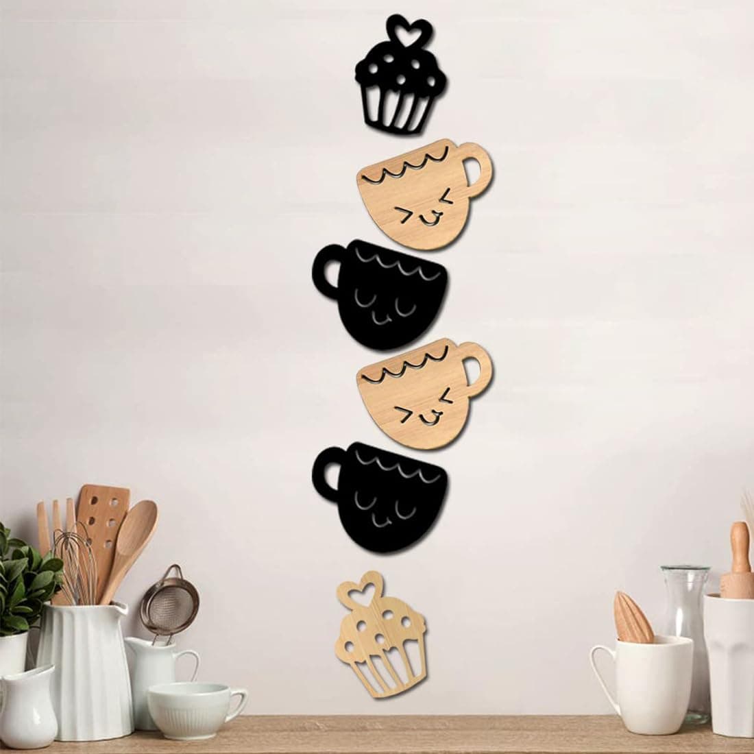 SHRADDHA SABURI ARTWORK Farmhouse Smile Cup and Cups Kitchen Wall Decor, Wall Reusable Sticker s, Reusable Sticker s Large, Set 6, Wood | Decor Items for Bedroom | Baby Room Decor.