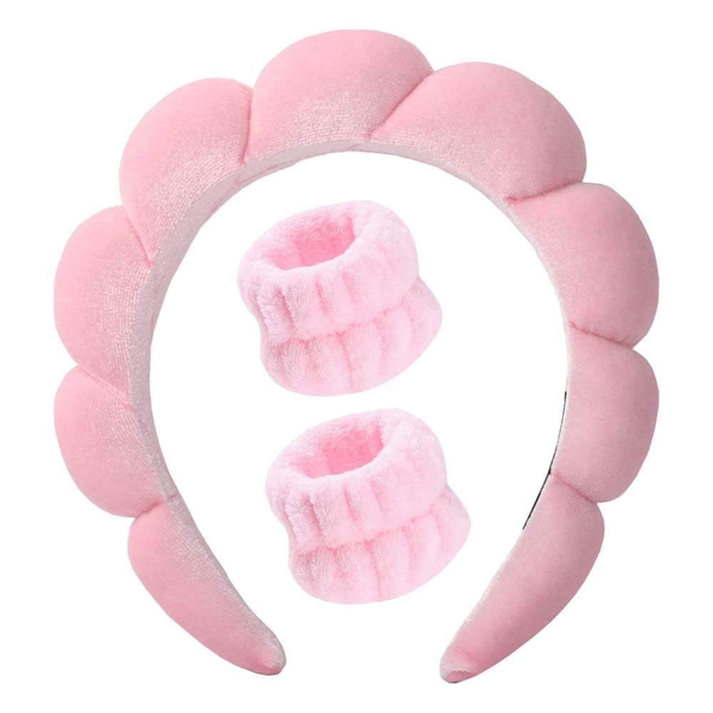 TEMPERIA Makeup Headband Wristband Set for Women & Girls | Hair Band for Facial Time | Head Bands Skincare Hairband for Spa | 3 Pieces Set | Pink