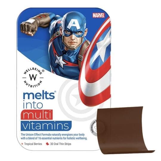 Wellbeing Nutrition Marvel Melts Multivitamins for Kids | 100% RDA Vitamins A, B-Complex, C, D & Iron | Kids Growth & Development | Tropical Berry, 30 Oral Strips