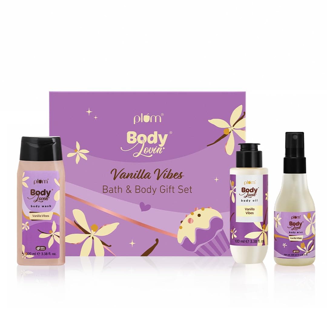 Plum BodyLovin' Vanilla Vibes Bath & Body Gift Set | Wash | Mist | Oil | Long-Lasting Fragrance | For Women | Gifting For Rakhi & Special Occasions| Pack Of 3