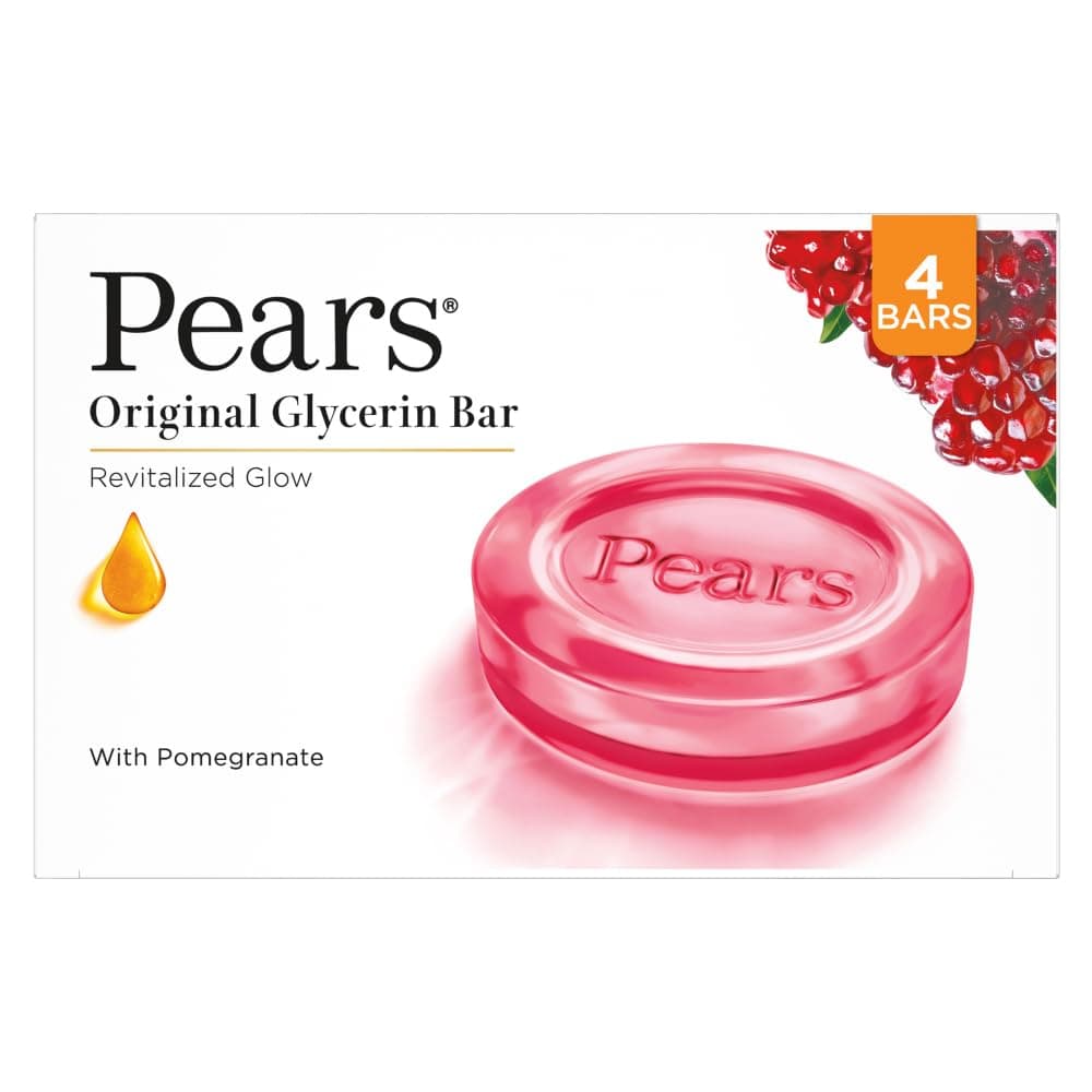 Pears Original Glycerin Soap Bar - Revitalized Glow | With 98% Pure Glycerin & Pomegranate | With Plant Based Cleanser for Skin & Body | Paraben-free | 125gms x 4
