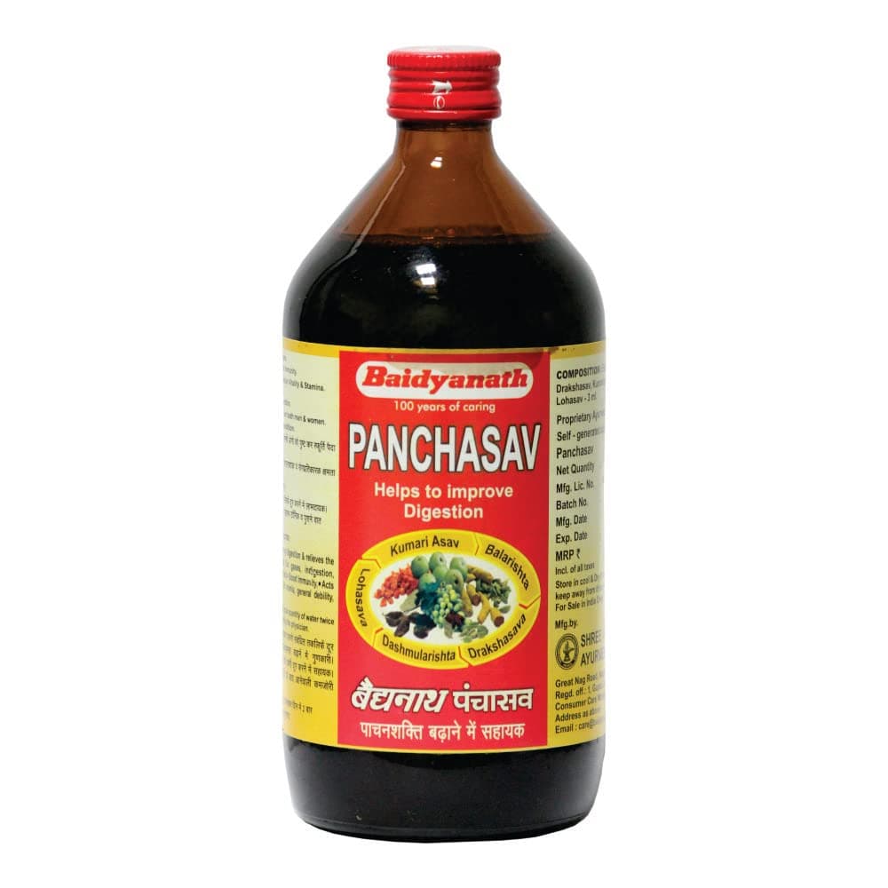 Baidyanath Asli Ayurved Panchasav 450ml | Ayurvedic Health Tonic for Digestion, Strength & Immunity | Enriched with Balarishta, Drakshasav, Kumariasav, Dashmoolarishta & Lohasav