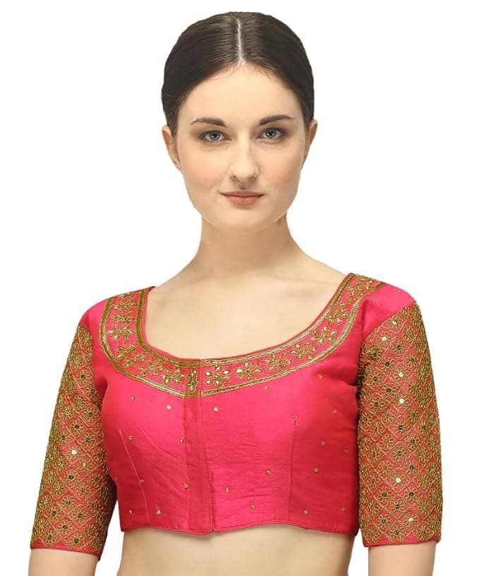 Pujia Mills Women's Phantom Silk Floral Half Sleeve Saree Blouse (KUNDAN_Gajari_38)
