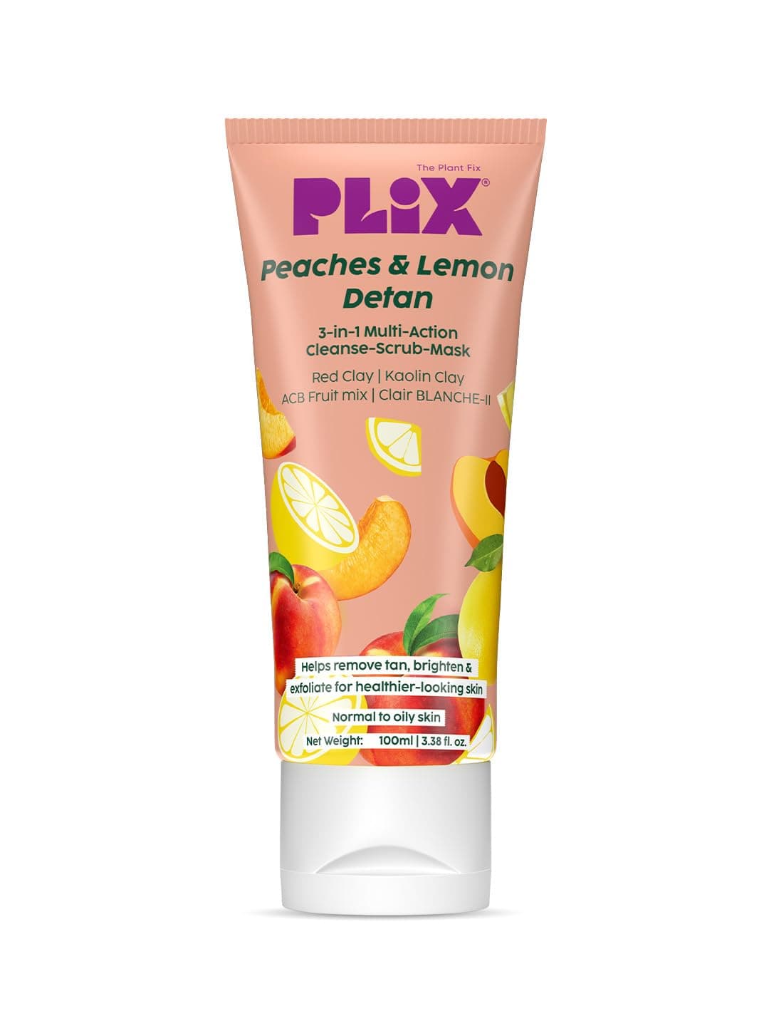 Plix - The Plant Fix Peaches & Lemon 3-in-1 Detan Face wash, Scrub & Mask | Red Clay & Kaolin Clay | Clair BLANCHE-II | Controls Excess Oil | Cleanses, Exfoliates & Brightens | Dermatogically Tested | 100ml