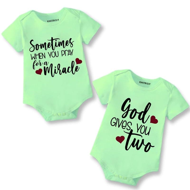 Knitroot Twins Romper, Unisex Baby Kids Twin Onesies, Half Sleeve Bottom Snap Button, Cotton Bodysuit, Sleepsuit, Sometimes When You A Pray for A Miracle, 0-12 Months, for Twin Baby Boys & Girls