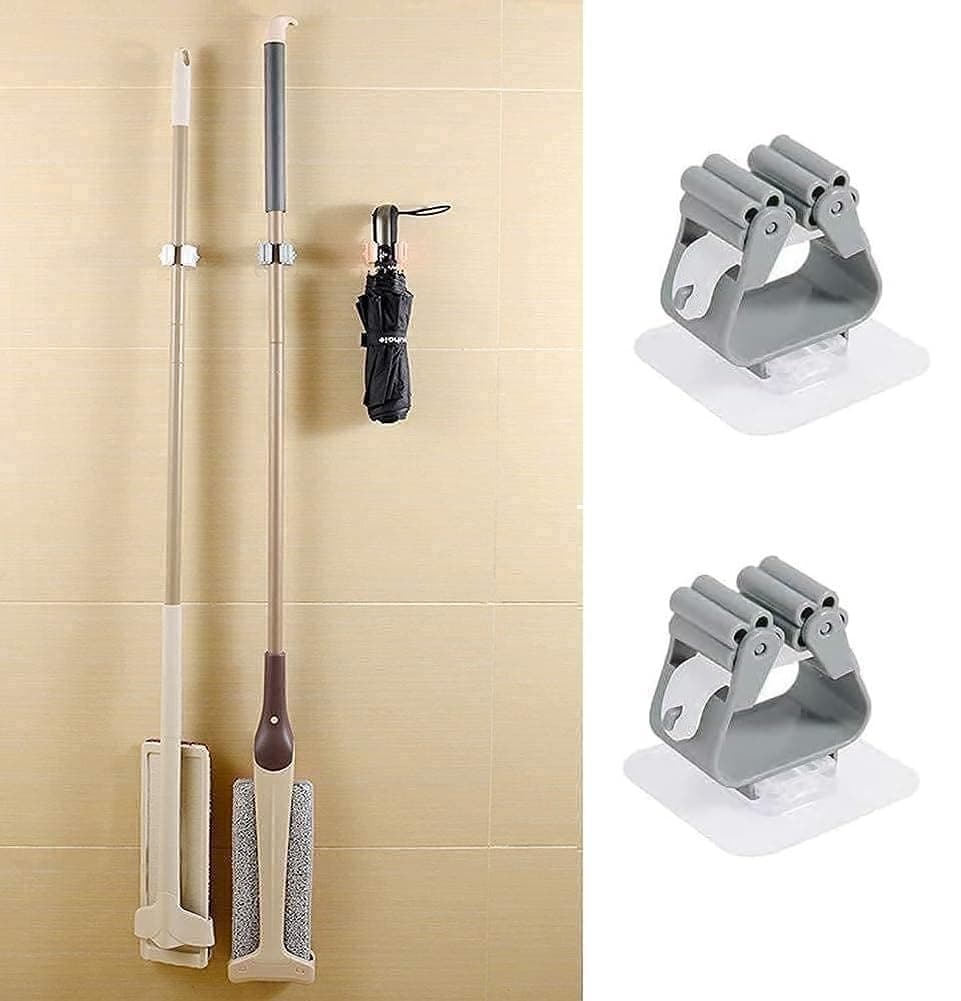 Gantrix 1 PCS Self Adhesive Broom Holder Wall Mount No Drill Mop Holder Waterproof Plastic Wiper Holder for Bathroom & Kitchen Wall Mounted Tool Hanger Organizer with Hooks 1 Piece