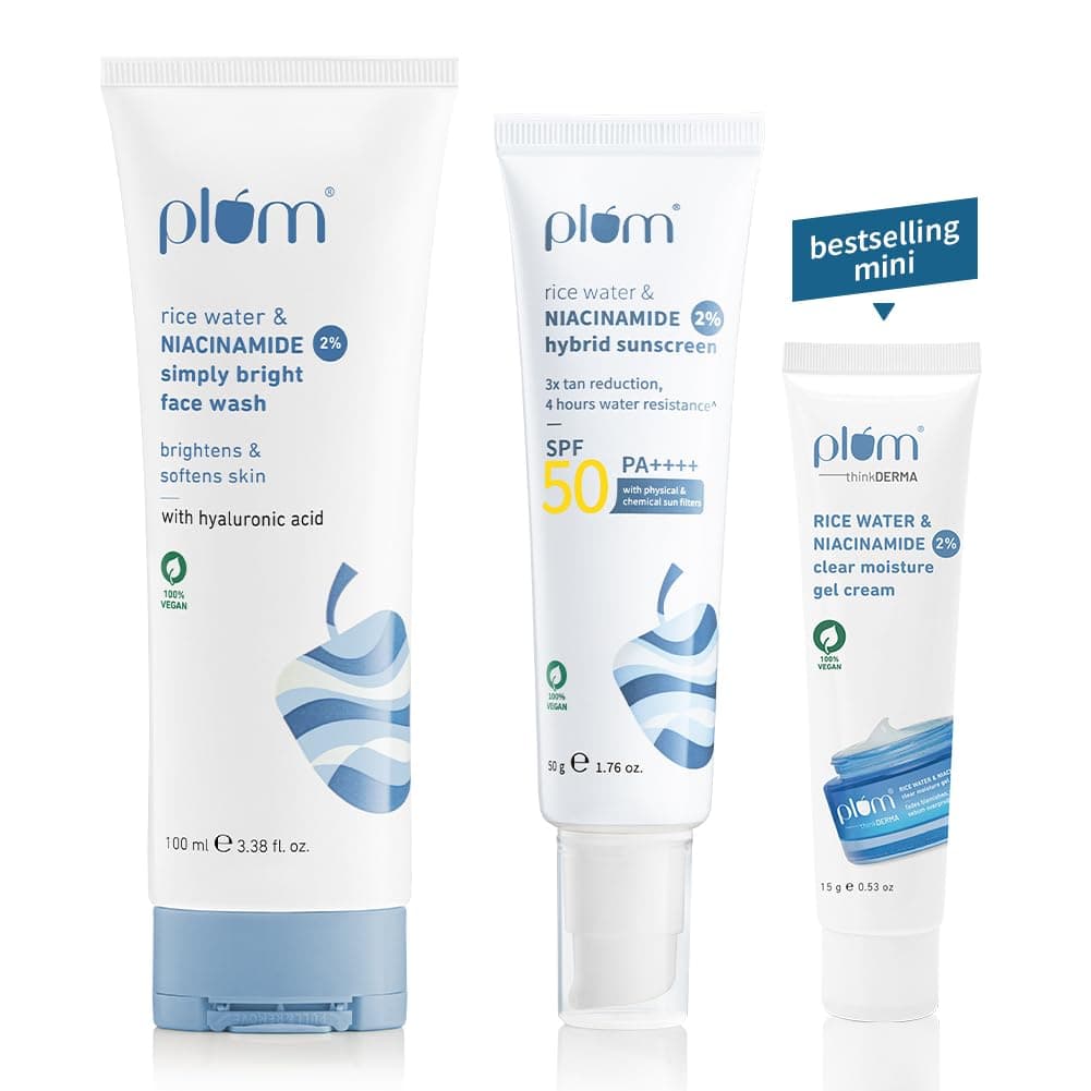 Plum Rice Water & 2% Niacinamide Simply Bright Face Wash 100ml + 2% Niacinamide & Rice Water Sunscreen 50 gm + Free think DERMA 2% Niacinamide & Rice Water Clear Moisture Gel Cream - 15g