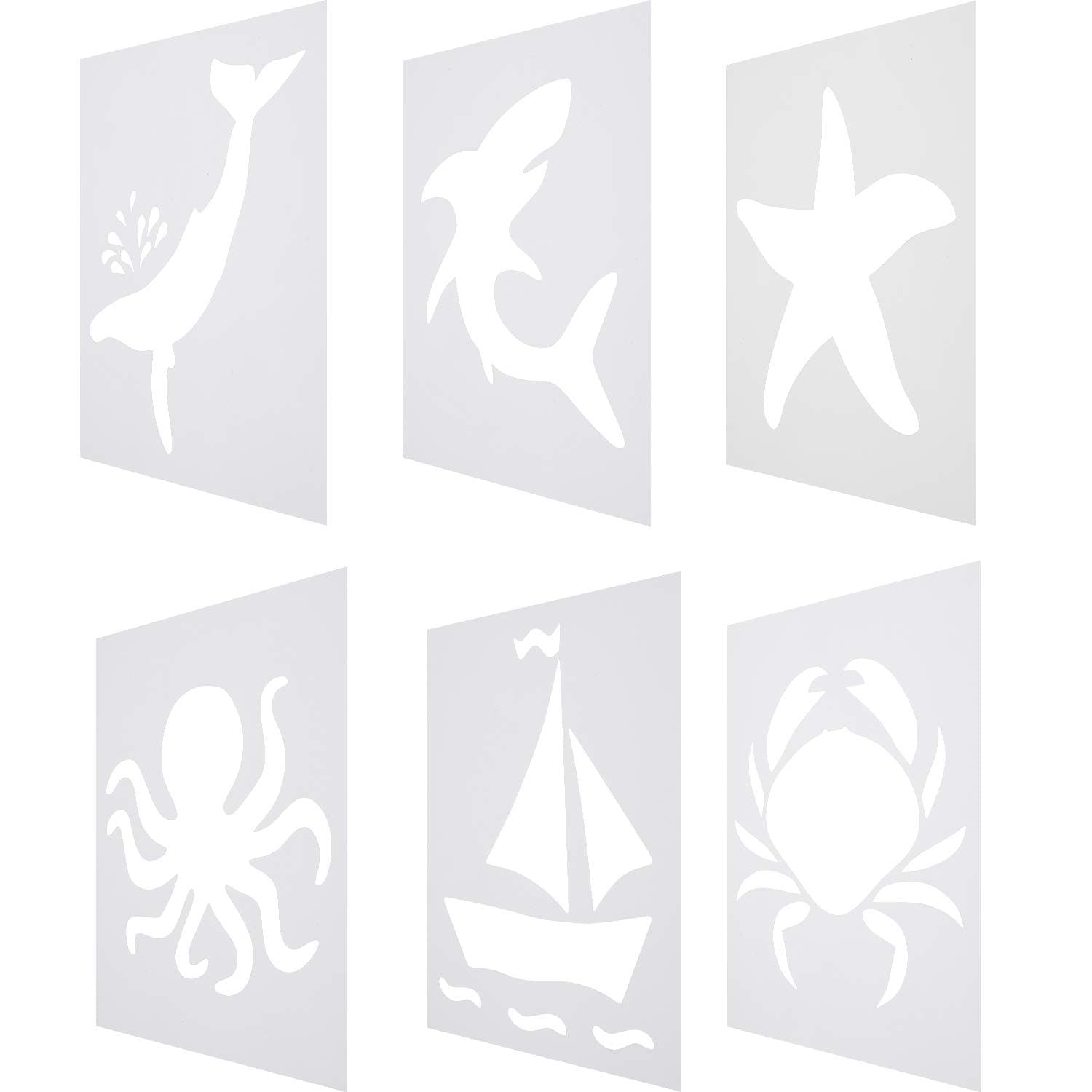 6 Pieces Chalk Stencil Set Plastic Painting Templates Include Shark, Starfish, Sailboat, Octopus, Whale, and Crab Pattern for Kids Ocean Theme Crafts Drawing