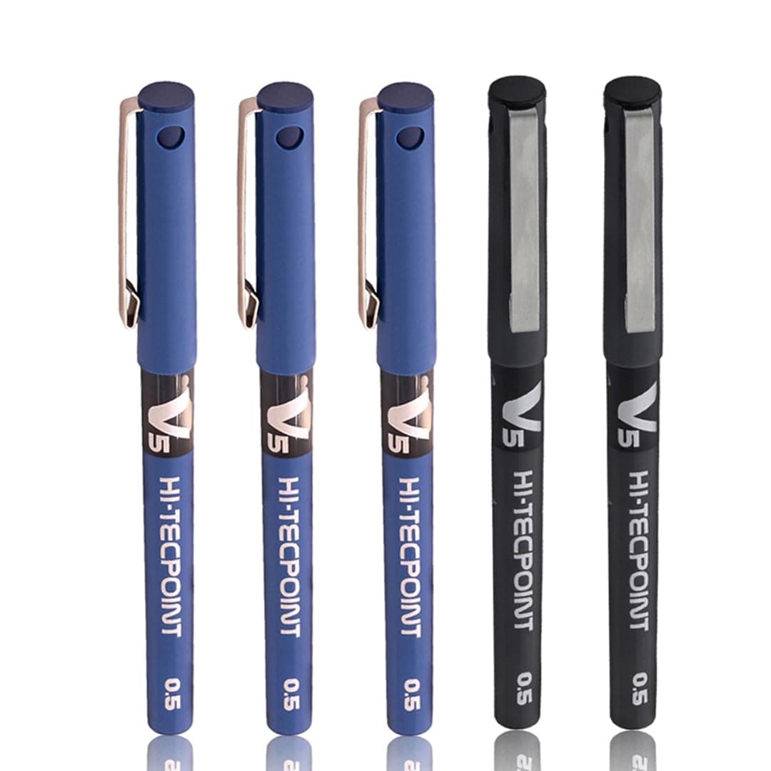 Pilot Hi-Tecpoint V5 0.5mm Extra Fine Point Pure Liquid Ink Roller Ball Pen | Pack Of 5 (3 Blue + 2 Black)