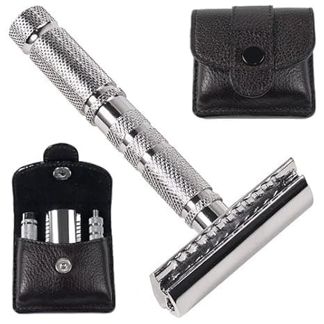 PARKER Safety Razor Men A1R - 4 Piece Travel Safety Razor & Leather Case