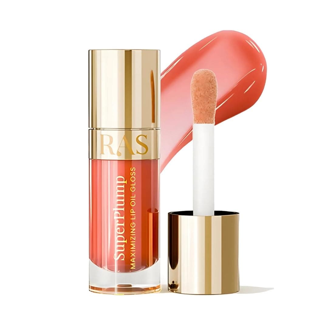 RAS Luxury Oils Hydrating 4-in-1 Super Plump Lip Oil Gloss, Balm, Plumper & Gloss with SPF 20 | Enriched with Natural Oils, Peptides & Hyaluronic Acid - Peach Glow