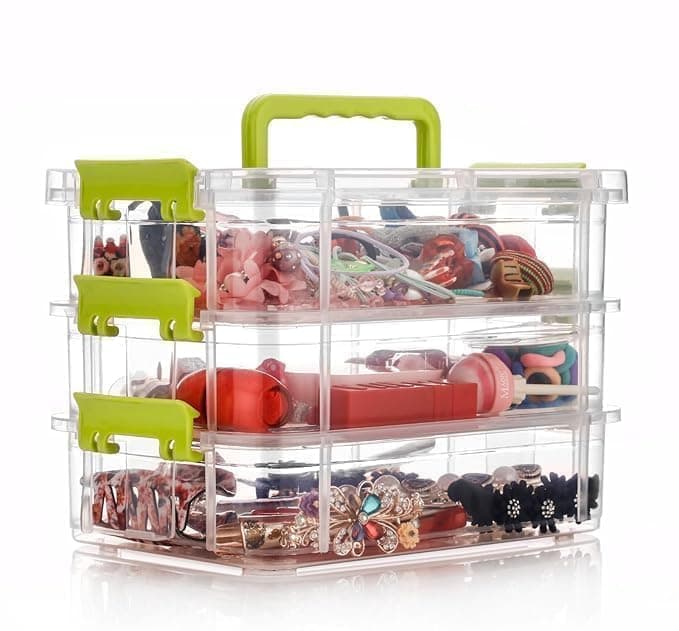 DEALDASH 3 Layer Plastic Storage Containers, Multipurpose Clear Stack & Carry Box, Portable Craft Organizers, and Storage Bin for Organizing Arts & Crafts, Sewing, Stationery Box,(Multicolor)