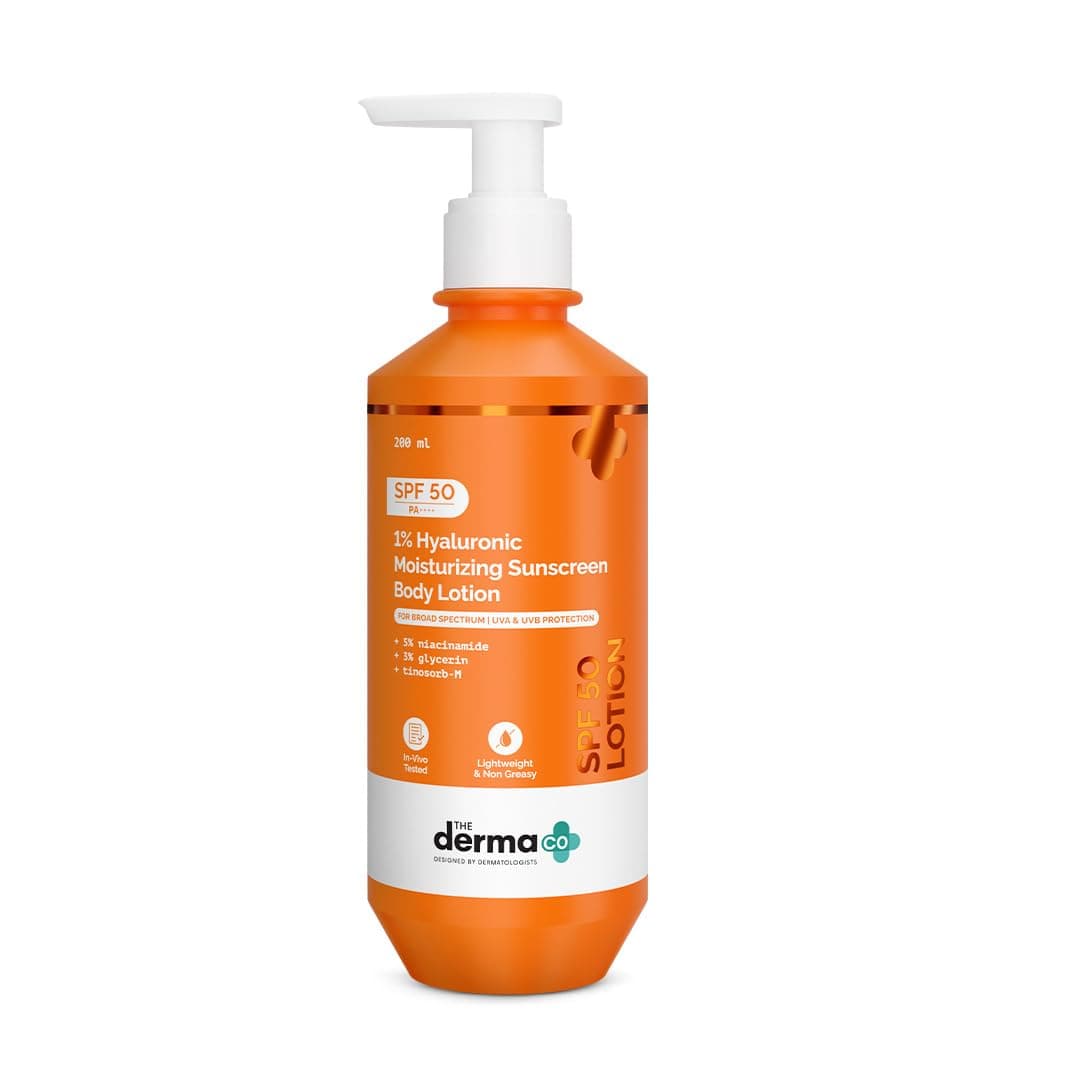 The Derma Co. 1% Hyaluronic Moisturizing Sunscreen Body lotion SPF 50 PA ++++ with 5% Niacinamide & 3% Glycerin | In-Vivo & In-Vitro Tested | Body Sunscreen with Broad Spectrum UVA & UVB Protection | No White Cast | Non Greasy | Tan protection | For All Skin Types | For Women & Men | 200 ml
