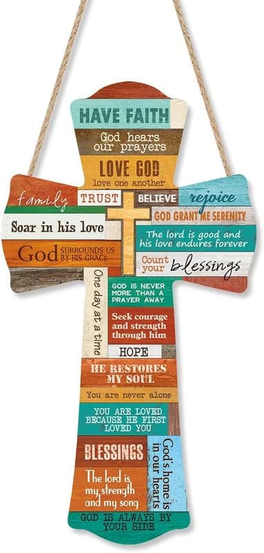 Shri Kanth Art Wall Cross Wood Hanging Sign Plaque (6"X11"), Rustic Christian Bible Verse Wooden Hanger, Colorful Inspirational Scripture Quote Wall Art