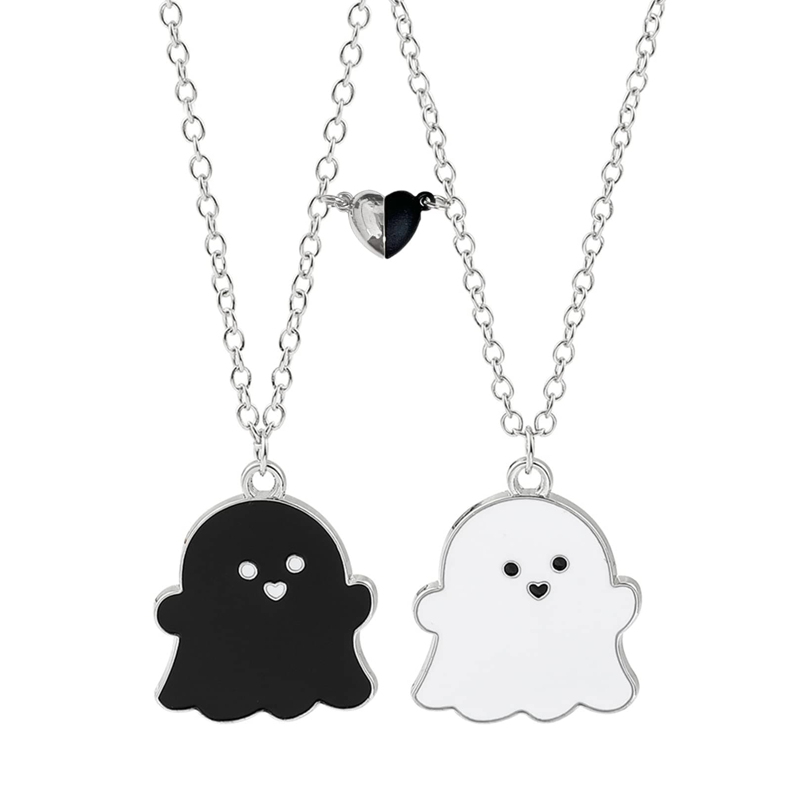 FORUBUS 2 Pcs Black White Ghost Pendant Necklace, Lovely Ghost Enamel Charm Necklace for Women Friendship BFF Couple Memorial Jewelry Valentines Day Halloween Costume Deco