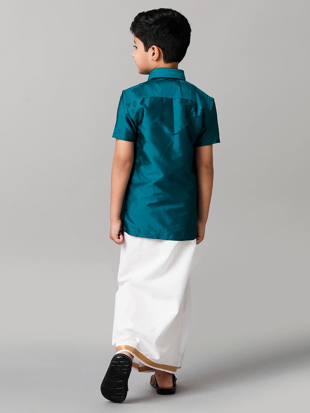RAMRAJ COTTON Silk Blend Boys Half Sleeves Shirt with White Dhoti Combo