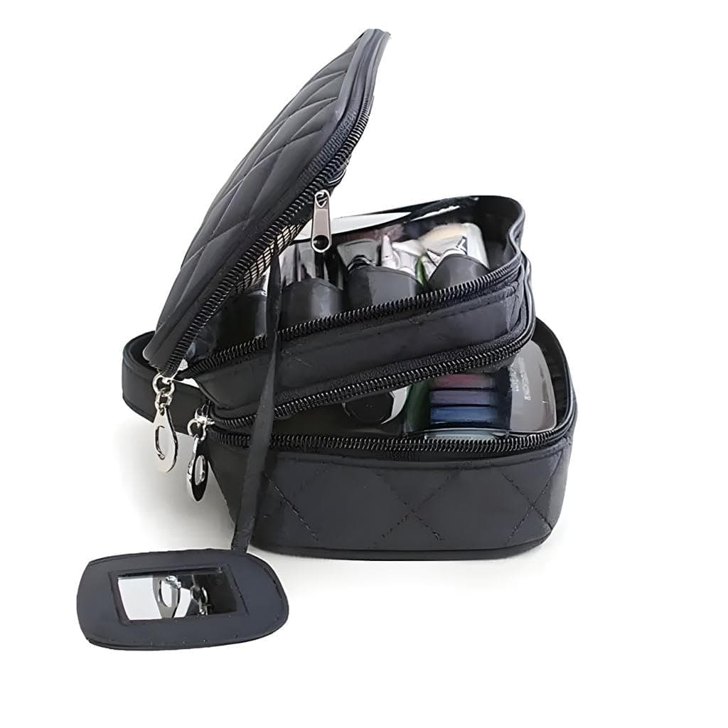 Aepigo Polyester Cosmetic Bag Travel Professional Cosmetic Makeup Kit Storage Organizer Toiletry Vanity Bag with Adjustable Compartment (Black)