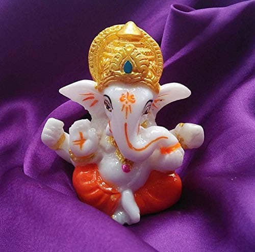 SN Handicrafts Marble Ganpati Idol , 2.2 X 2.2 inches, White, Golden, 1 Piece