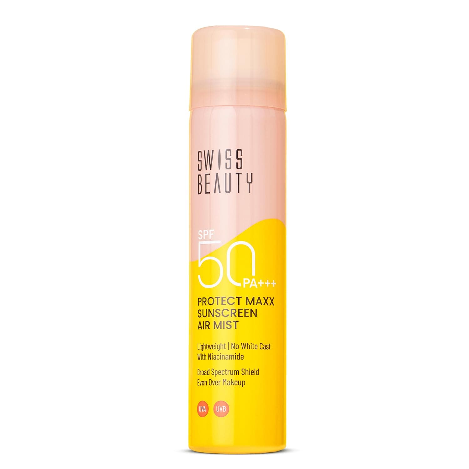 SWISS BEAUTY Protect Maxx Sunscreen Air Mist | SPF 50 PA+++ | With Niacinamide | UVA+UVB Protection For All Skin Type | Even Over Makeup | For Face & Body | 80ml