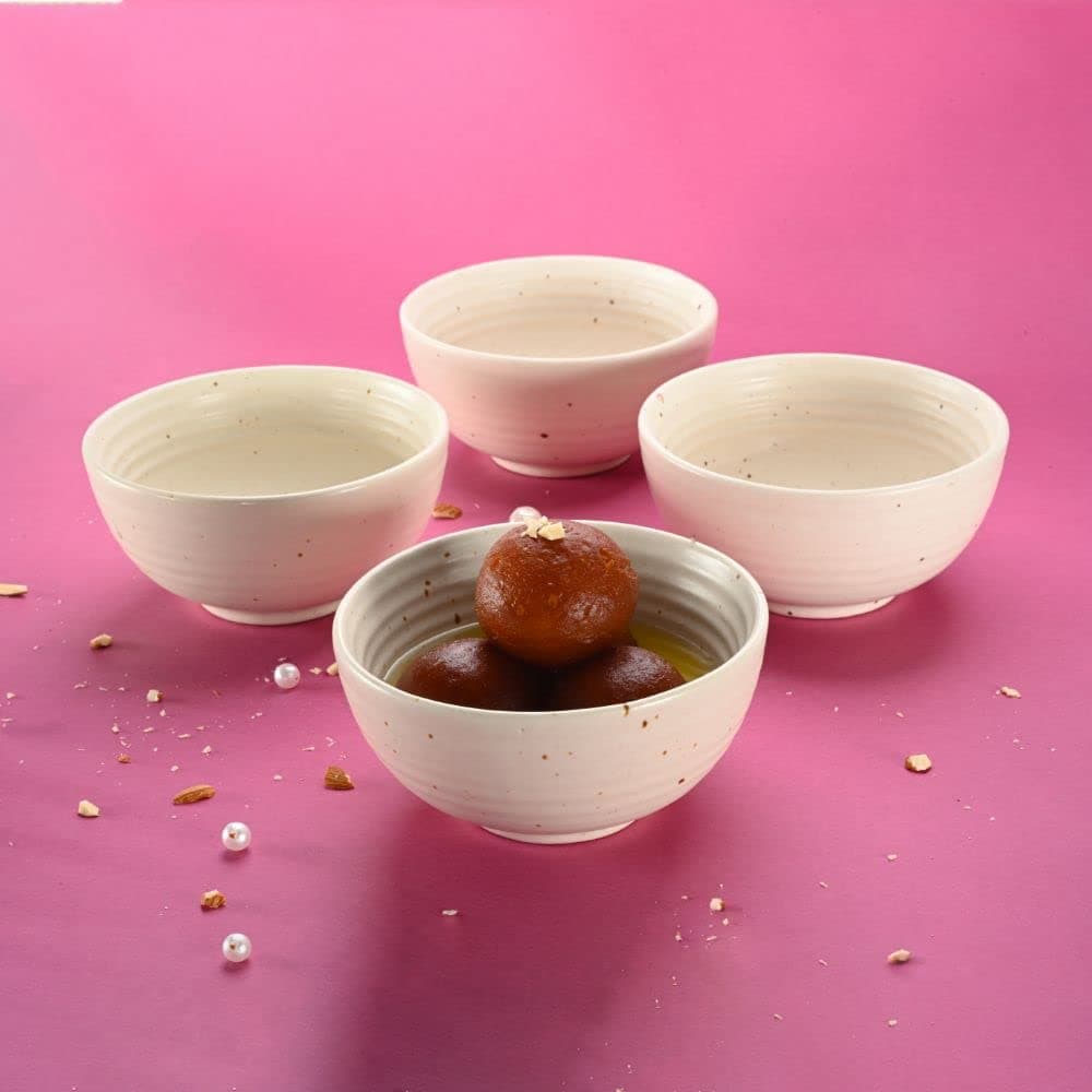 Veg Bowls | Set of 4 | 250 ml | Stoneware Ceramic | Toxin Free | BPA and Lead Free | Microwave & Dishwasher Safe bowls for Snacks,Rice,Dal,Fruits,Salad,Pasta,Noodle,Maggi | Cream Matt | Upbeat