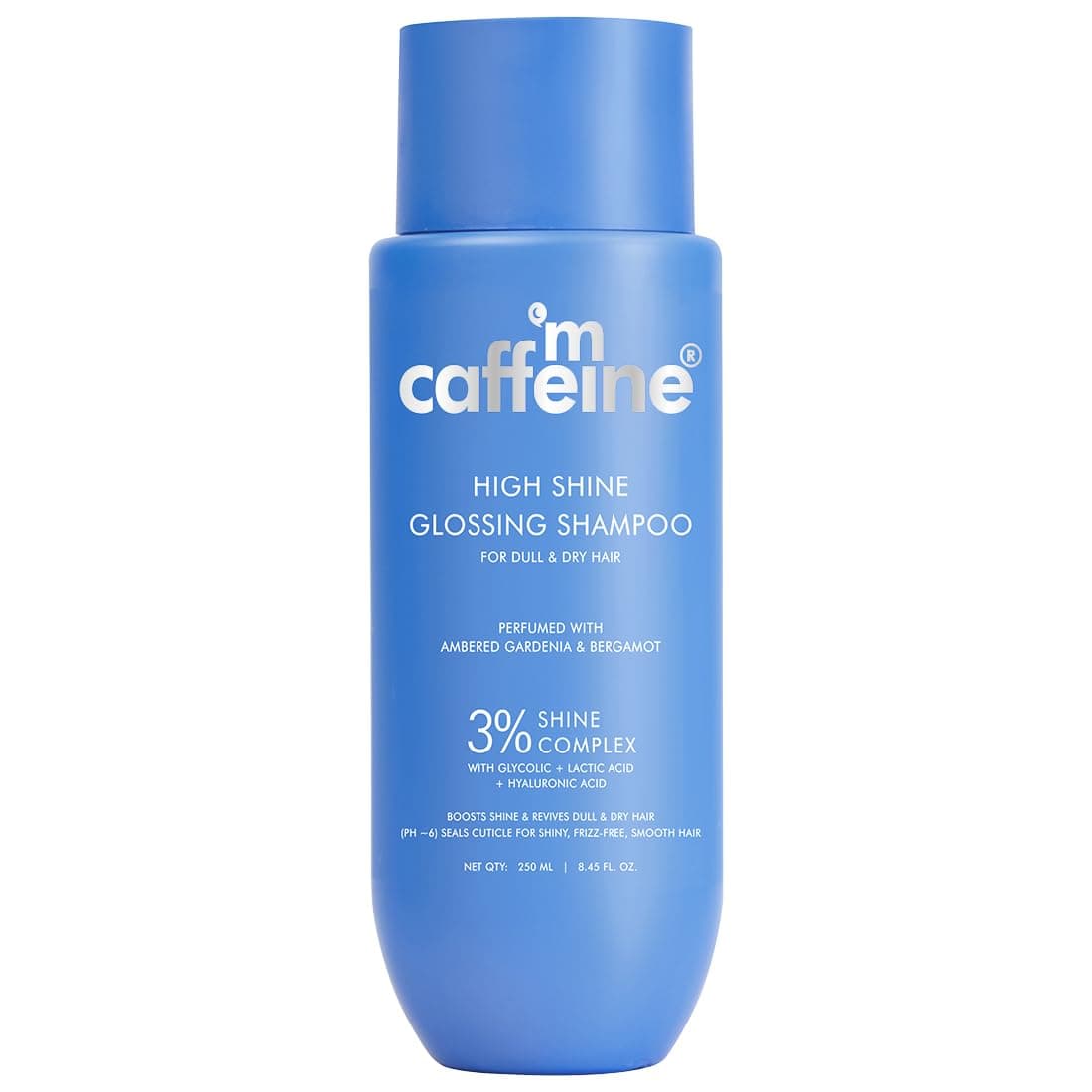 mCaffeine High Shine Glossy Hair Shampoo For Dull, Dry & Frizzy Hair | 3% Shine Complex - With Glycolic Acid & Hyaluronic Acid | 48 Hr Frizz Control | Fresh Floral Fragrance | 250ml