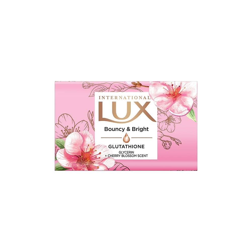 LUX International Bouncy & Bright Bathing Soap, 4 x 130g, LUXURIOUS BATHING EXPERIENCE, for Hydrated & Radiant Skin, with Glutathione & Glycerin, Improves Skin Texture, Cherry Blossom Fragrance