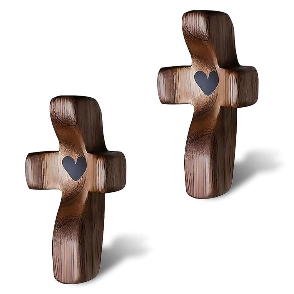 2Pcs Wooden Pocket Cross My Heart, Stress Relief Cross Fidget, Wooden Cross Fidget Easter Gifts Encouragement Gift for Children Men Women, Pocket Prayer Cross
