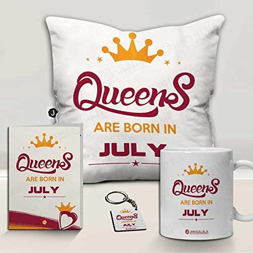 Jhingalala Queens are Born in July Printed Cushion Mug Key Chain Greeting Card Combo Gift Pack | Gift for Girls, Gift for Sister, Gift for Wife, Gift for Daughter, Gift for Girlfriend