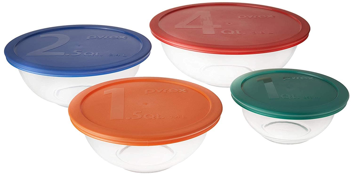 Pyrex Mixing Bowl Set: 322 1qt, 323 1.5qt, 325 2.5qt, 326 4qt Glass Bowls with 322-PC Green, 323-PC Orange, 325-PC Cadet Blue & 326-PC Red Lids - Made in USA