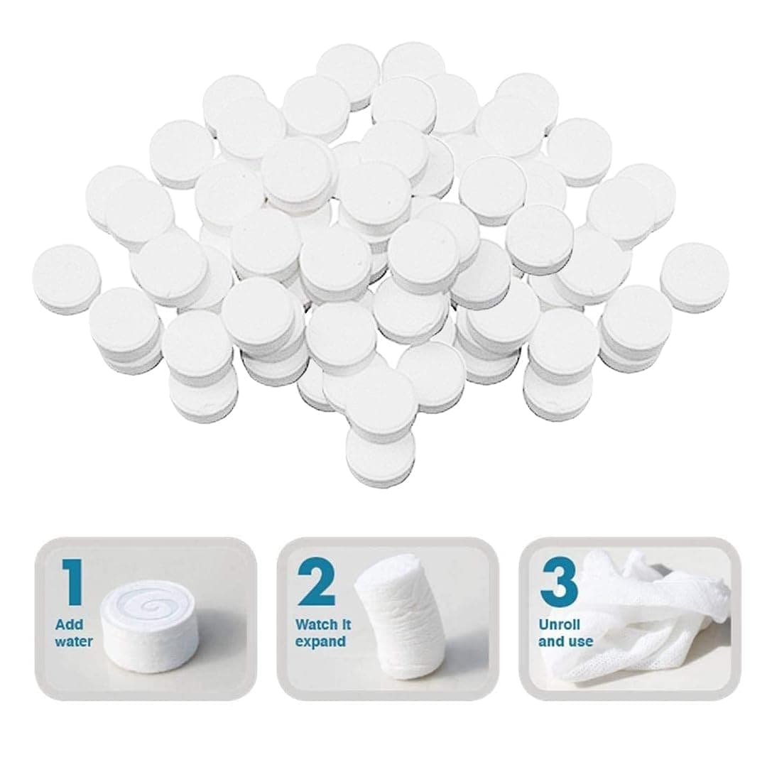Multibrite 100Pcs Compressed Towel Tablets, Facial Cleansing Tissue, Mini Tablets Disposable Towels, Makeup Remover Pads, Water Activated Coin Tissue for Beauty Salon, Travel, Sports & Personal Use
