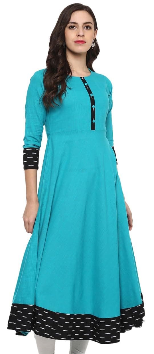 Yash Gallery Indian Tunic Tops Women's Cotton Slub Printed Anarkali Kurta, Kurti For Women (Green), Firozi, X-Small