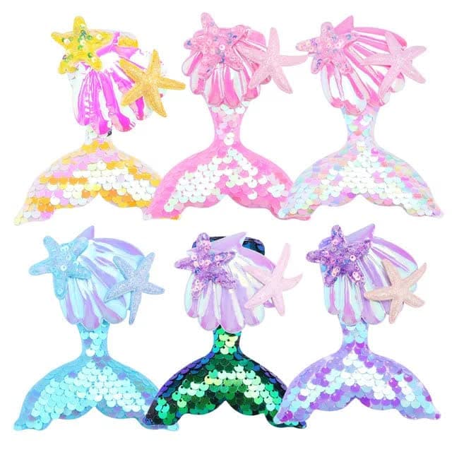 Samyak Mermaid Style Kids Girls Sequin Seashell Cute Alligator Hair Barrettes | Hair Accessories | Clips | Cartoon pattern Pins | Hair Pins, Combo of 6