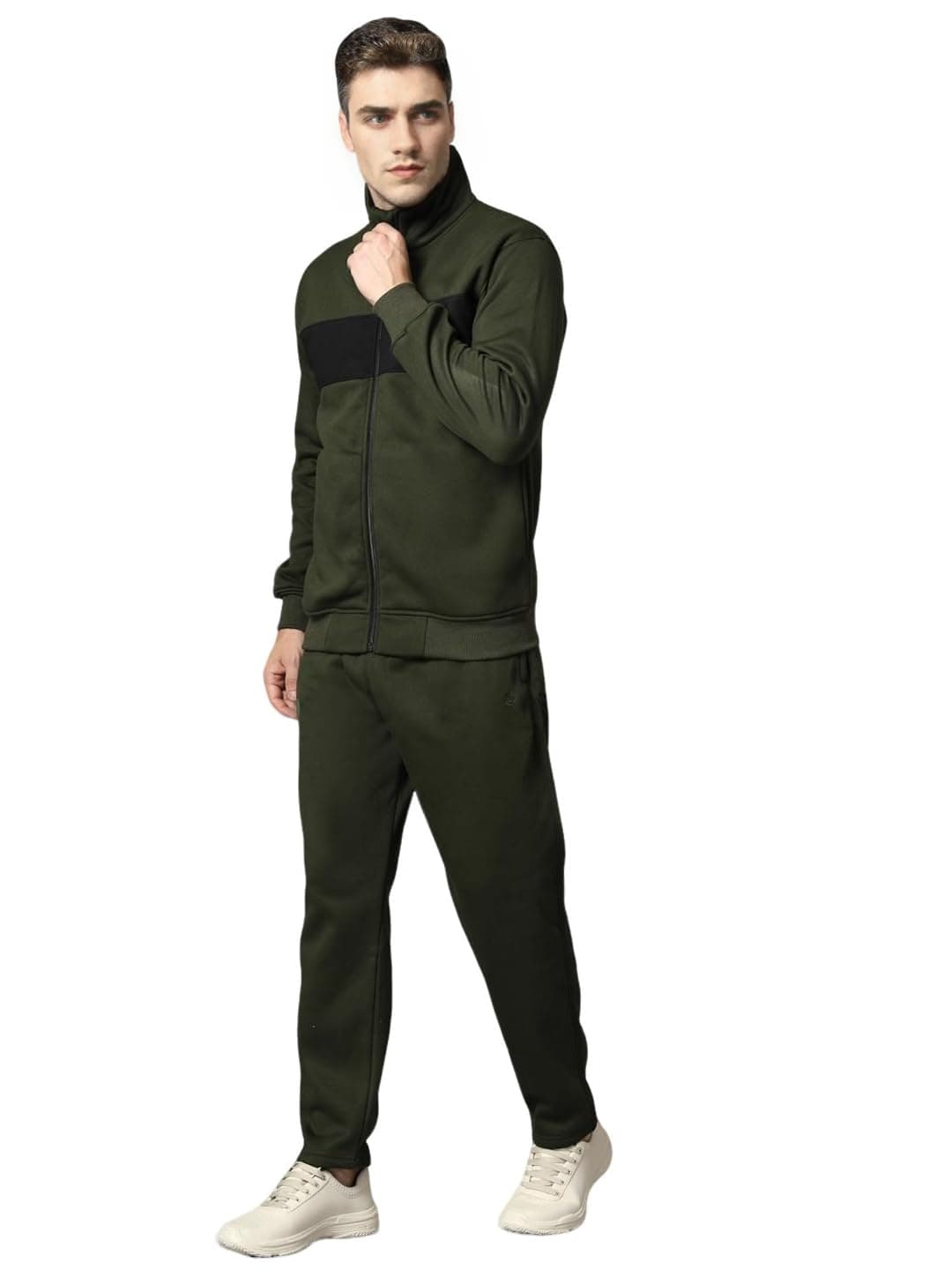 CHKOKKO Mens High Neck Winter Tracksuit Full Zip Jacket with Elastic Waist Lower Warm and Soft Activewear Set for Gym Running and Casual Use Olive Black XL
