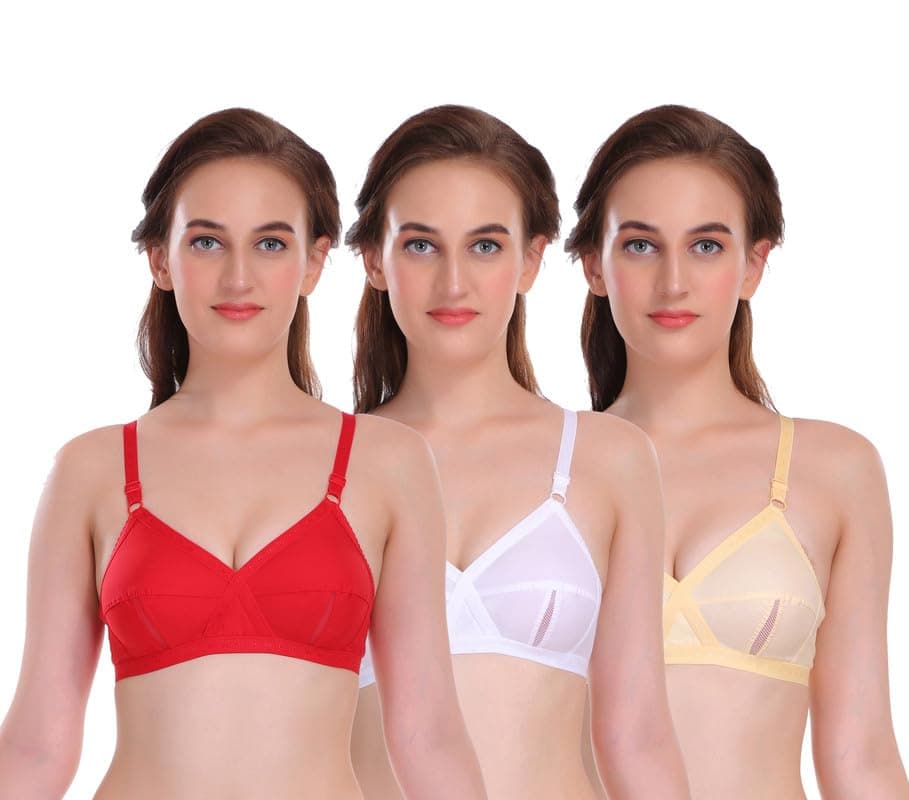 Selfcare Women's Non Padded Skin, Red, White Pure 100% Soft Cotton Full Coverage Everyday Bra with Adjustable Straps (Pack of 3_SN0493-36B)